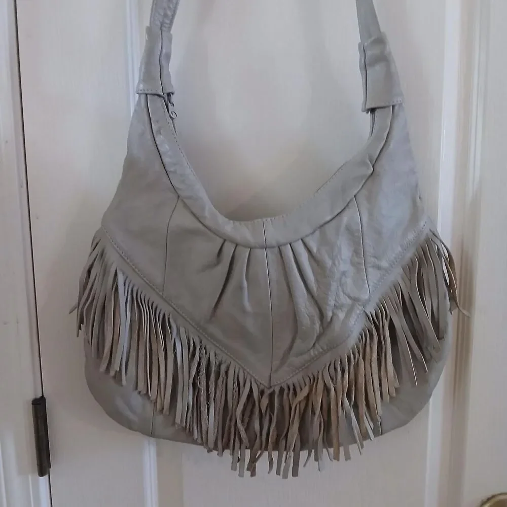 Vintage Genuine Leather Fringe Hobo Bag Taupe Grey Boho Western Slouchy Purse